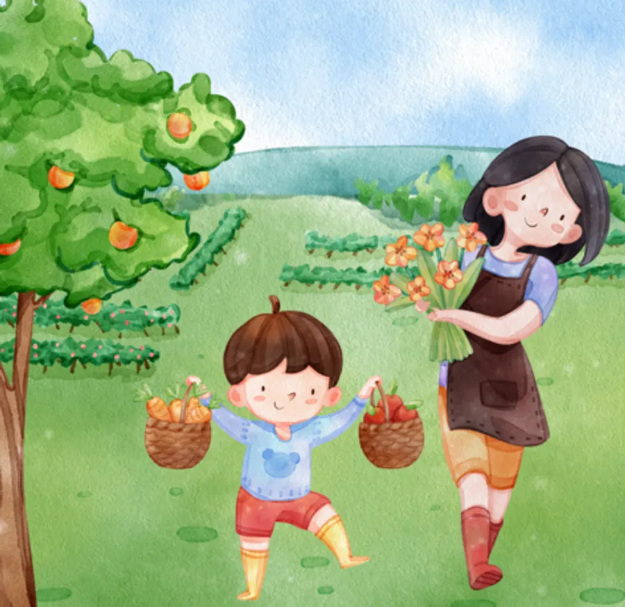 Watercolor illustration of two children carrying flowers.